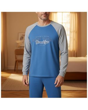 Ozabi Pyjamas Chemises De Nuit Pyjama Homme Doublé Polaire Raglan Brodé C2718 Bleu