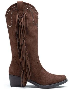 Vera Collection Bottes Bottes Mi-Mollet À Franges Et Clous Style Santiags - Marron