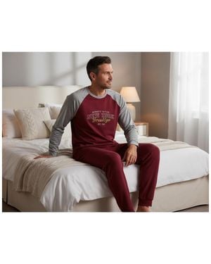 Ozabi Pyjamas Chemises De Nuit Pyjama Homme Doublé Polaire Raglan Brodé C2718 Bordeaux - Multicolore