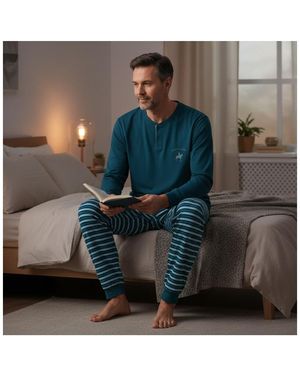 Ozabi Pyjamas Chemises De Nuit Pyjama Homme Doublé Polaire Écusson Brodé X2753 Bleu - Multicolore