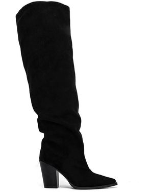 Vera Collection Bottes Bottes Plissé À Bout Pointu Talon Bloc - Noir