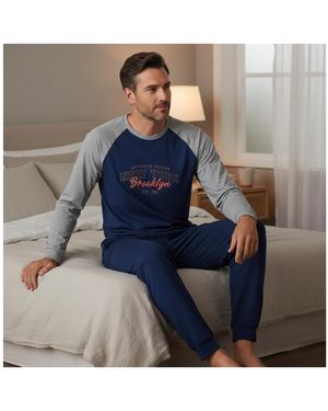 Ozabi Pyjamas Chemises De Nuit Pyjama Homme Doublé Polaire Raglan Brodé C2718 Marine - Bleu