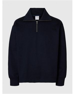 SELECTED Sweat-shirt - SLHRELAXARON LS HALF ZIP SWEAT - Bleu
