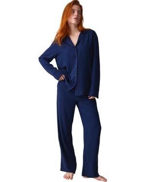 Triumph Ensembles De Pyjama Pyjama Pantalon Chemise Amourette Jacquard - Bleu