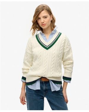 Superdry Pull Tricot de cricket à col en V surdimensionné - Blanc