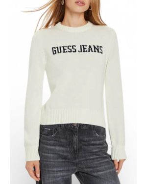 GUESS Sweat Blanc Femme - Sweatshirt Col Rond Logo Élégant En Coton Bio