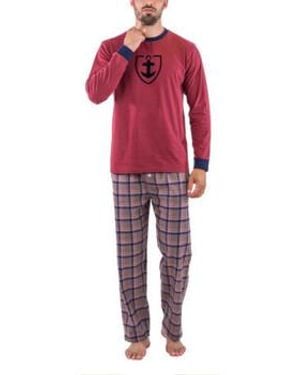 Mariner Pyjamas / Chemises de nuit Pyjama long col rond jersey coton et pantalon en flanelle - Rouge