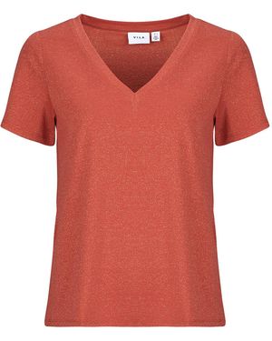 Vila T-Shirt Korte Mouw Viluxi Glitter V-Neck - Rood