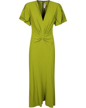 Victoria Beckham Gathered V-Neck Midi Dress - Green
