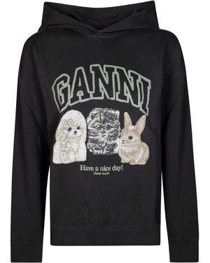 Ganni Isoli Oversize Animals Crop Hoodie - Black