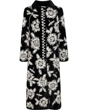 Forte Forte Velvet Coat With Embroidered Floral Motifs And Decorative Trim - Black
