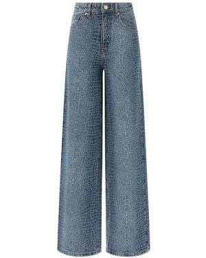 Self-Portrait Rhinestone Croc Effect Wide Leg Jeans - Blue