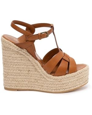 Saint Laurent Tribute Leather Espadrille Wedge Sandals - Brown