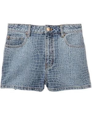 Self-Portrait Rhinestone Croc Effect Denim Shorts - Blue