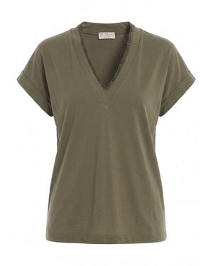 Brunello Cucinelli T-Shirt With 'Precious' Neckline - Green