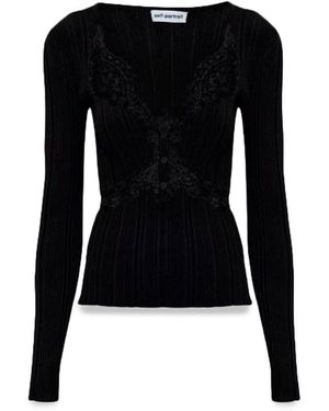 Self-Portrait Lace Knit Top - Black