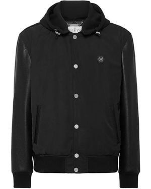 Philipp Plein Leather-Sleeve Hooded Bomber Jacket - Black