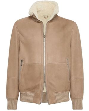 Brunello Cucinelli Suede Jacket With Shearling Collar - Brown