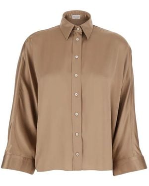 Brunello Cucinelli Silk Blouse With Long Bell Sleeves And Classic Collar - Brown