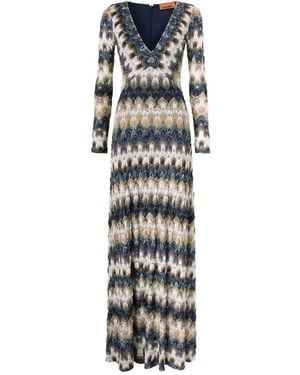Missoni Zigzag-Pattern V-Neck Maxi Dress - White
