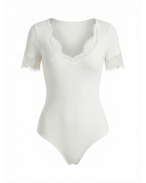 Self-Portrait Lace Trim Knit Bodysuit - White