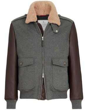Brunello Cucinelli Veste Bomber En Tissu De Castor Et Cuir Nappa Avec Rembourrage Thermore Et Collier En Shearling Amovible - Grey