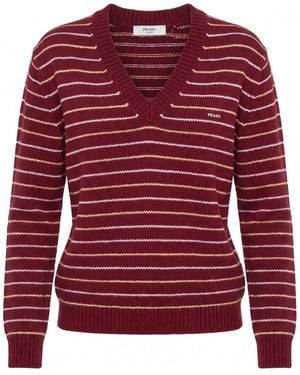 Prada Striped Cashmere V-Neck - Red