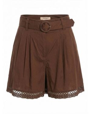 Twinset Shorts With Macrame And Belt - Brown