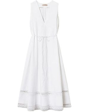 Twinset Long Dress With Macrame And Belt - White