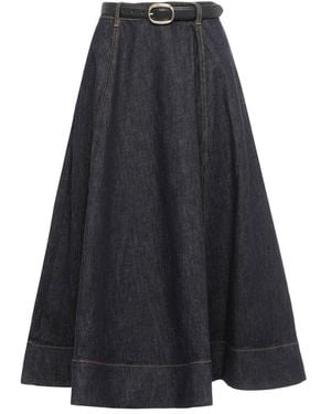Self-Portrait Denim Flared Midi Skirt - Blue