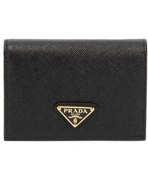 Prada Logo-Plaque Small Leather Wallet - Black