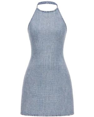 Self-Portrait Rhinestone Croc Effect Denim Mini Dress - Blue