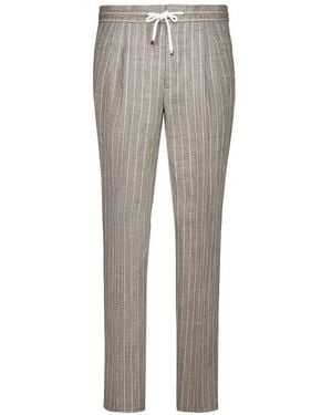 Brunello Cucinelli Stripe Linen Trousers With Drawstring And Double Pleats - Grey