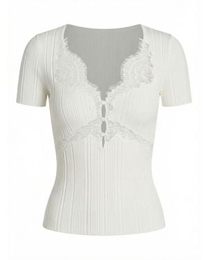 Self-Portrait Lace Trim Knit Top - Natural