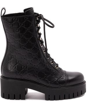Gucci Lace-Up Ankle Boot With Gg, Size 34 It - Black