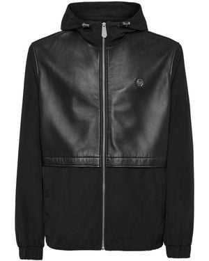 Philipp Plein Leather Long Sleeve Hooded Jacket - Black
