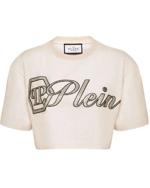 Philipp Plein Crystal Signature Cropped T-Shirt - White