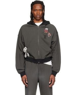 we11done Washed Doodle Teddy Zip-Up Hoodie - Grey