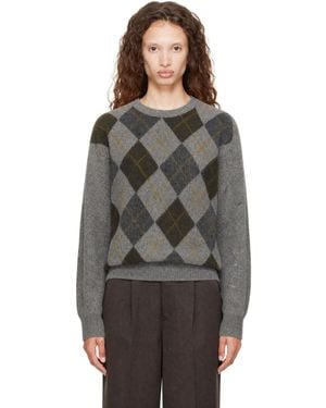 Ssstein Fine Wool Argyle Knit Crew Neck Jumper - Grey