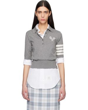 Thom Browne Polo Bleu Marine À Quatre Rayures Et À Image De Raquettes De Tennis - Gris