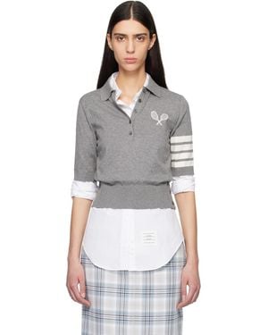 Thom Browne Tennis Racquets Intarsia 4-Bar Polo - Grey