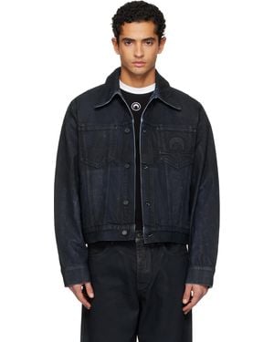 Marine Serre Blouson Noir En Denim Ciré À Motif À Logos - Bleu