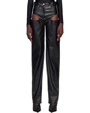 Pushbutton Side Cutout Faux-Leather Trousers - Black