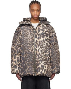 Ganni Leopard Midi Down Jacket - Brown