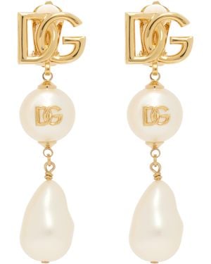Dolce & Gabbana ゴールド Teardrop & Cabochon 'Dg' Logo イヤリング - ホワイト