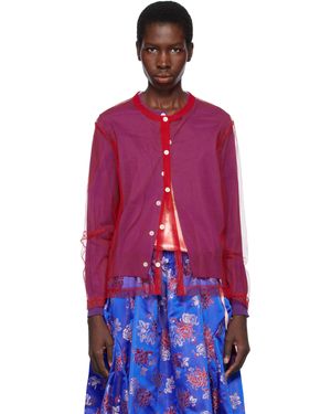Comme des Garçons Cardigan Mauve Et Rouge En Laine Peignée Et En Tulle De Nylon