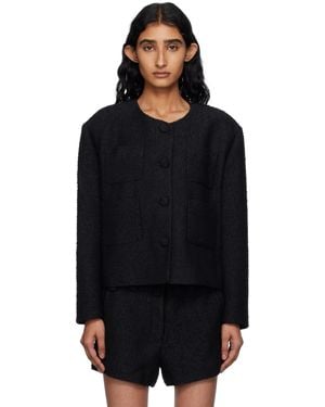 Pushbutton Collarless Tweed Jacket - Black