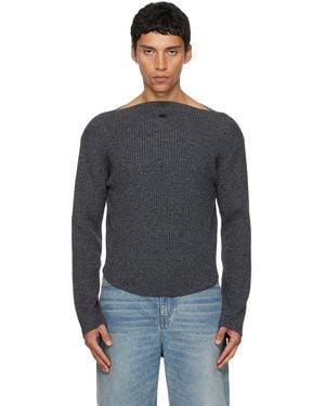 Courreges Pull Gris En Tricot Côtelé De Laine À Col Bateau - Noir