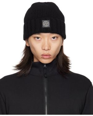 Stone Island ブラック トーナル ロゴパッチ ニット ビーニー