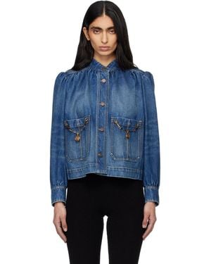 Chloé High-Neck Gathered Denim Jacket - Blue